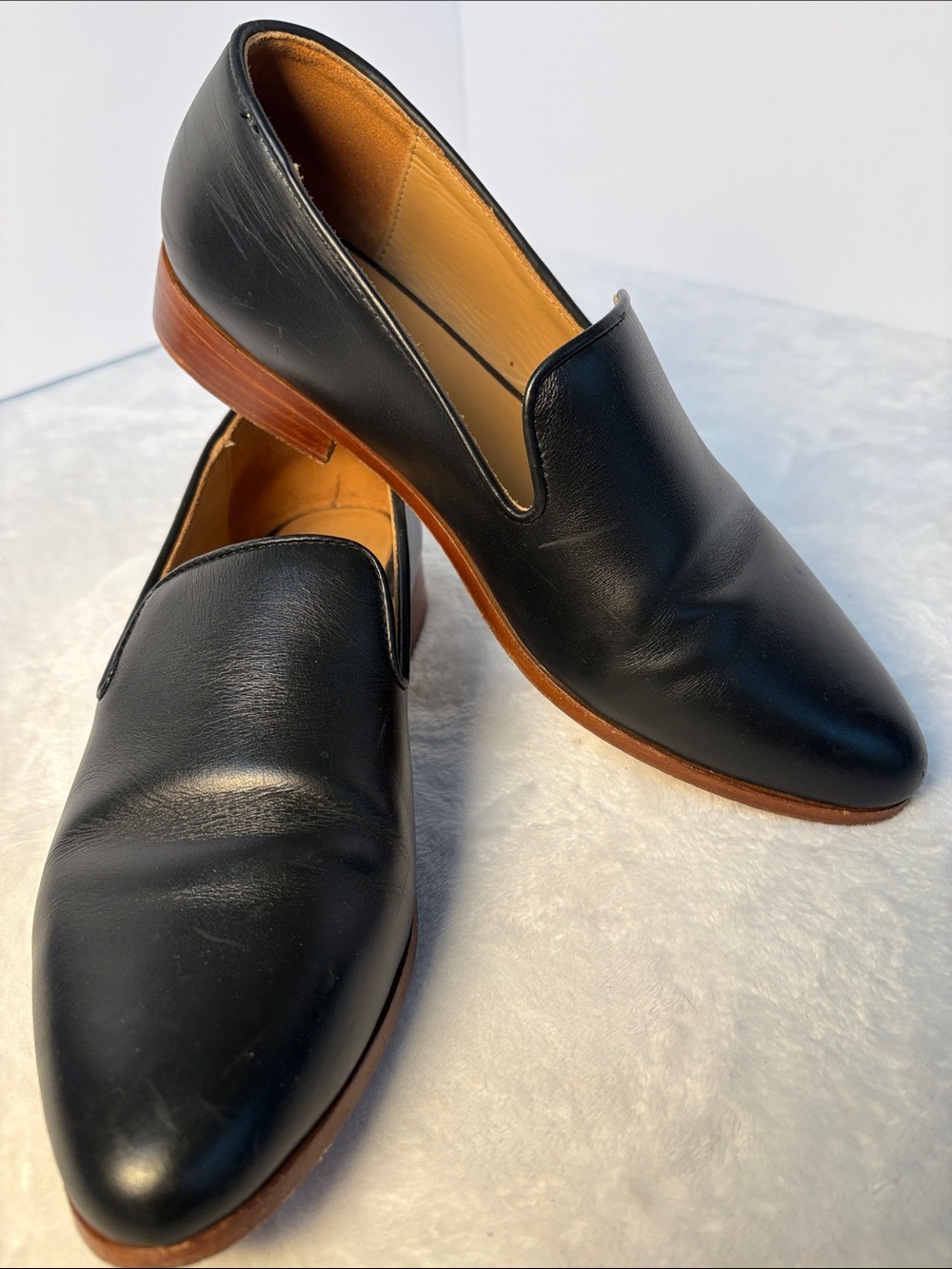 Nisolo Black Leather Slip-On Loafers with Brown Wood Sole Size 10